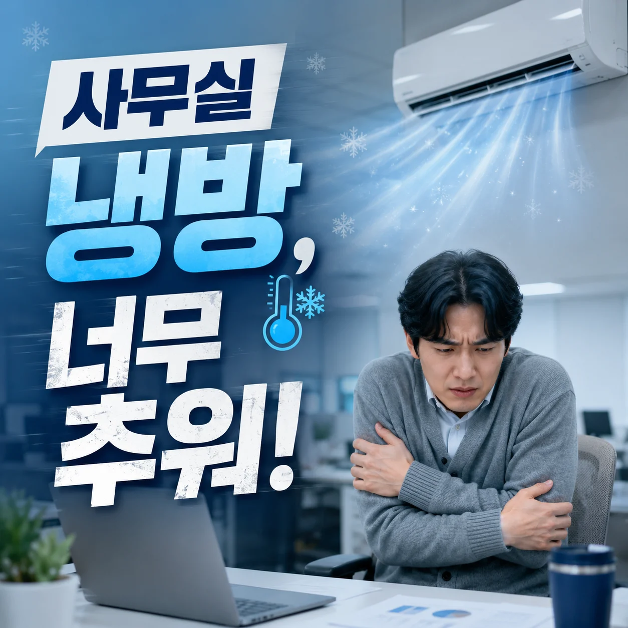 에어컨 바람 아래에서 냉방병 증상으로 힘들어하는 사무실 직장인