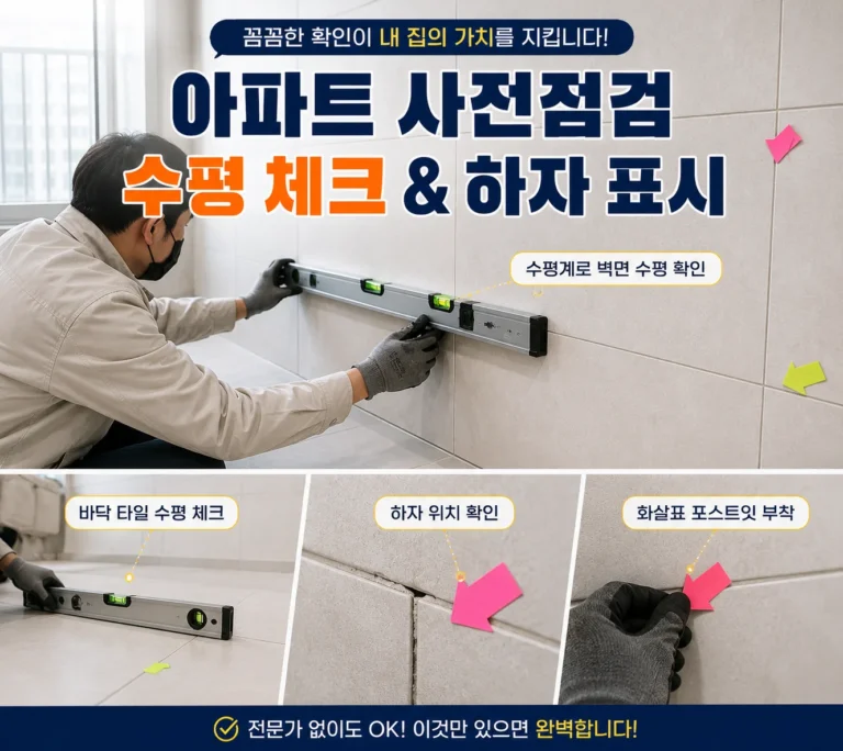 아파트 사전점검 하자 위치 표시 포스트잇 부착 및 수평 측정