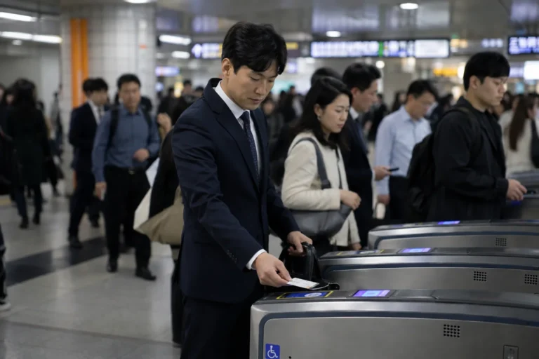 K-패스 카드로 지하철 개찰구를 태그하는 직장인