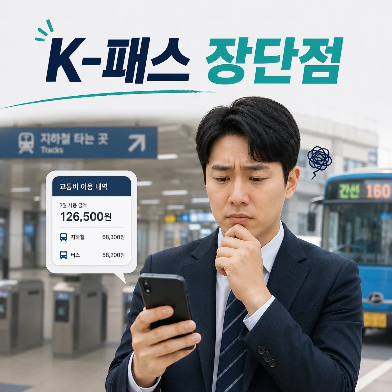 교통비 영수증을 보며 부담스러워하는 직장인, K-패스 장단점을 나타내는 대표 이미지
