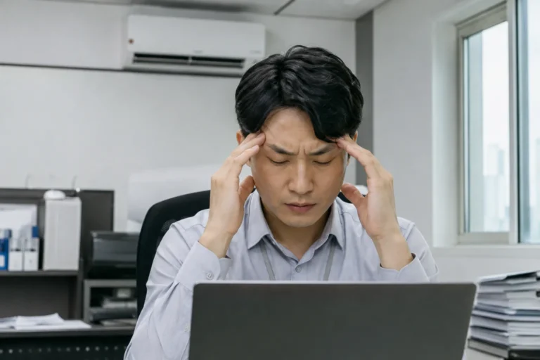 사무실 냉방병 증상으로 두통을 겪는 직장인