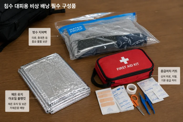 태풍 침수 대비 비상 배낭 속 구호용품 및 방수 장비